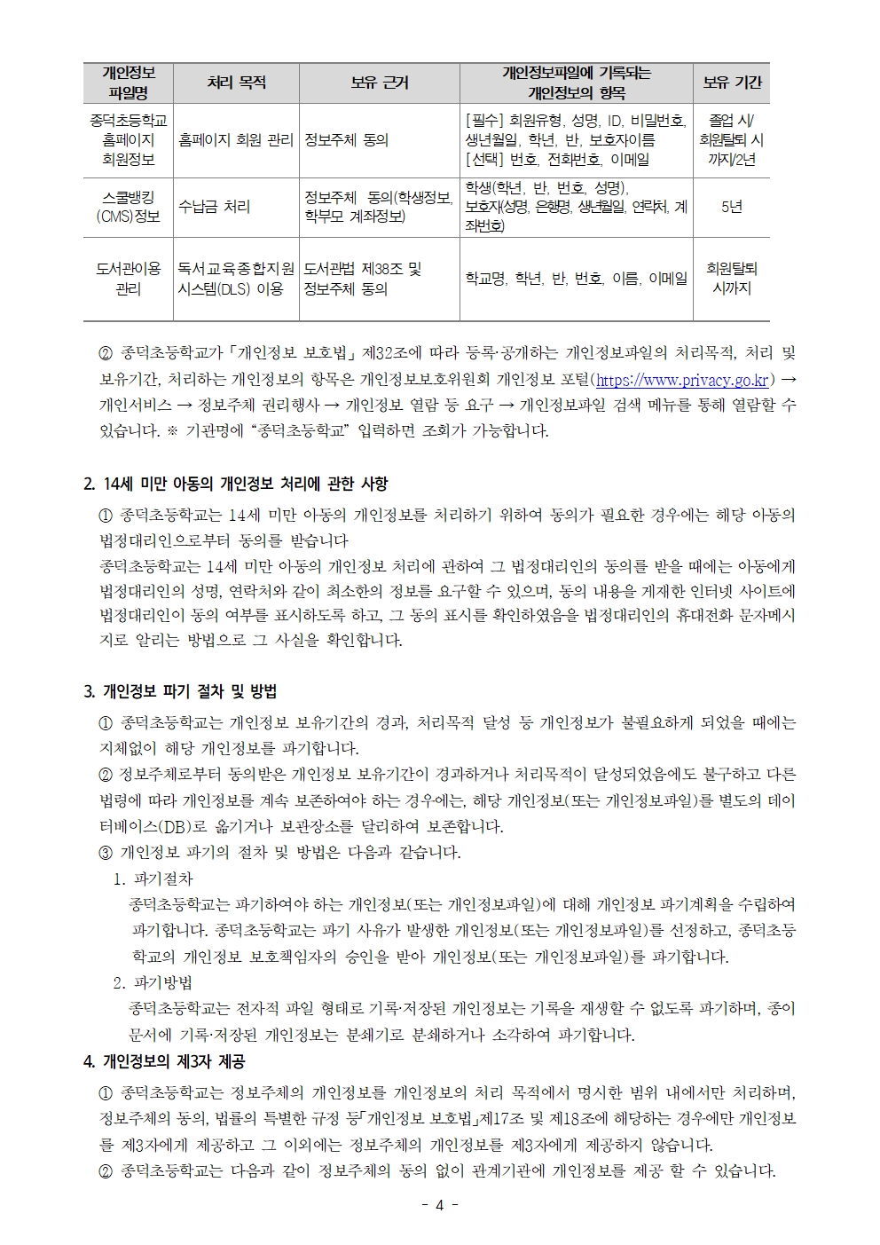 2026학년도 종덕초등학교 개인정보 처리방침004